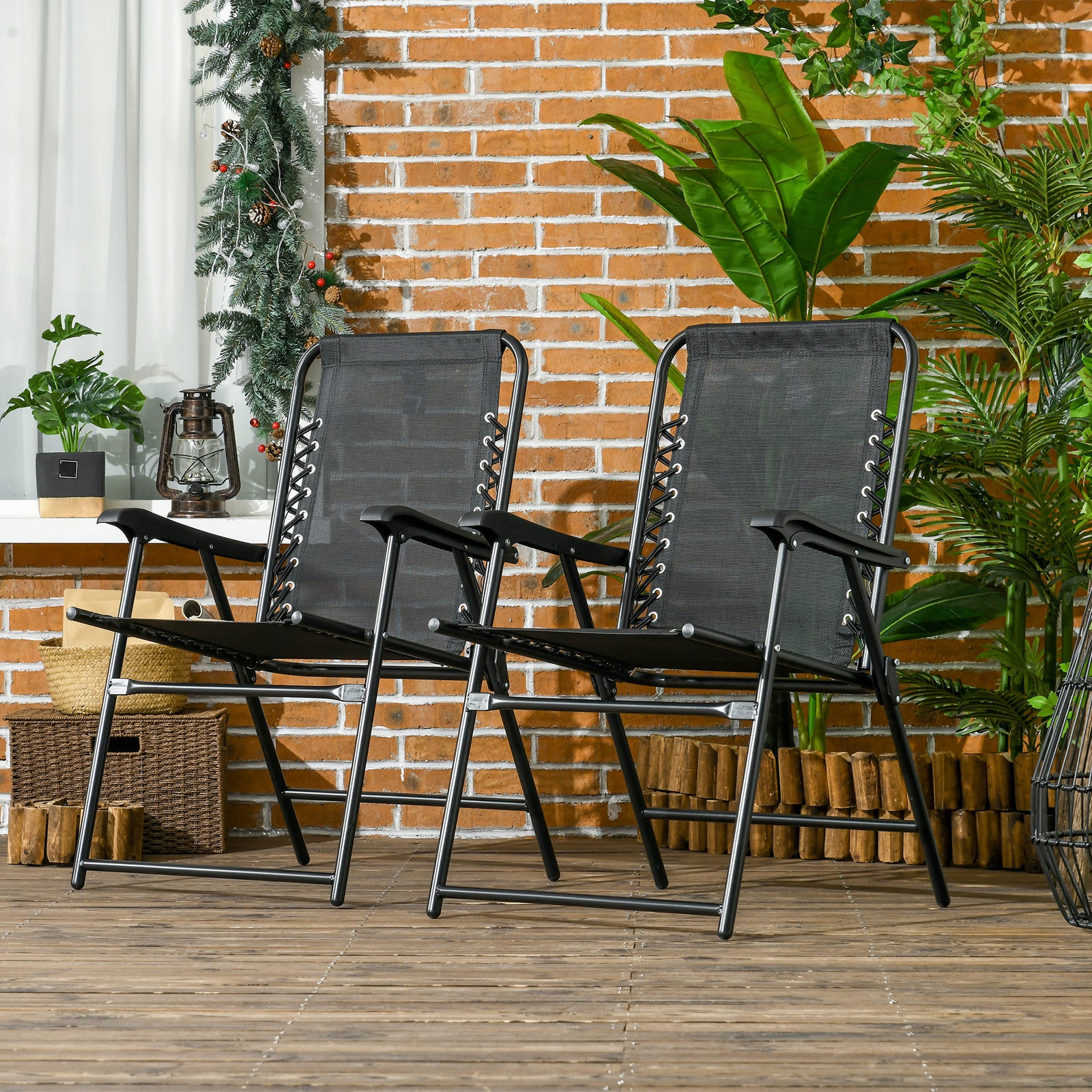 2 Pcs Patio Folding Chair Set, With Armrest, Breathable Mesh | Black