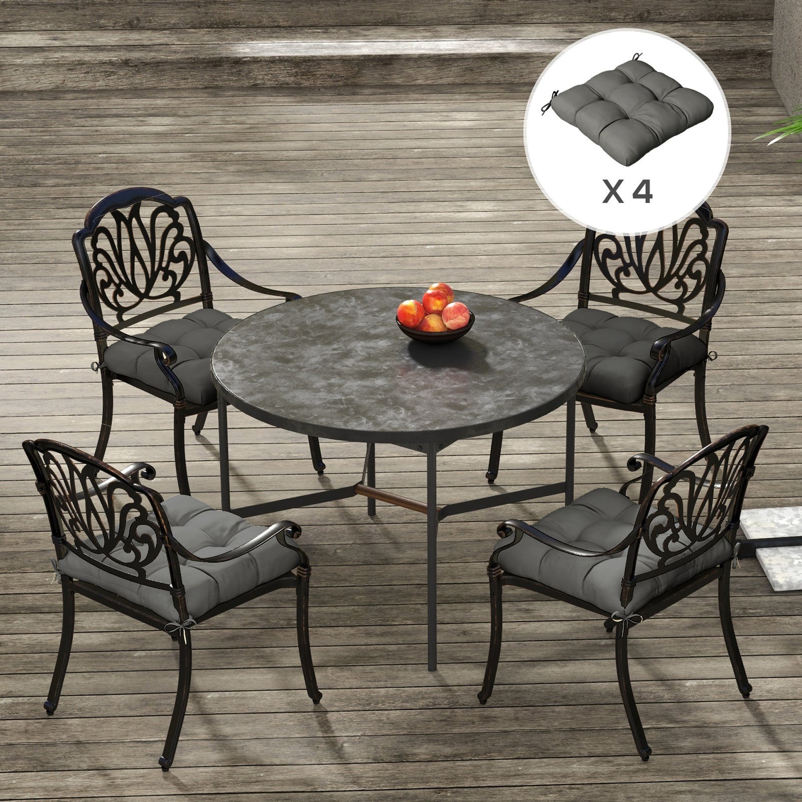 Set Of 4 Outdoor Seat Cushion W/ Ties, For Garden Furniture | Charcoal Gray