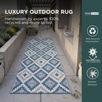 Luxury Outdoor Rug Waterproof Reversible For Garden Patio 100% Recycled, Blue Mia Aztec | 75cm x 200cm | Blue