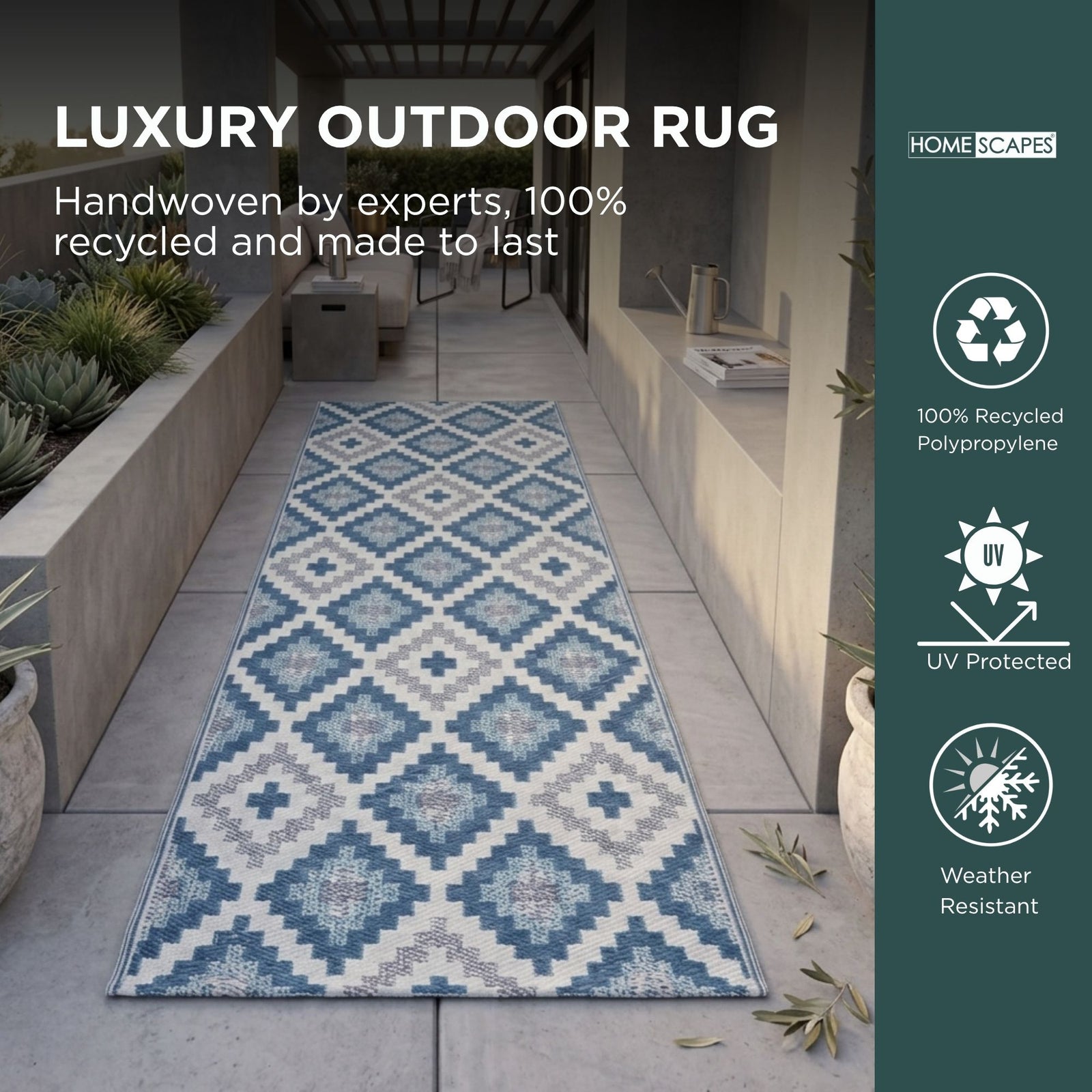 Luxury Outdoor Rug Waterproof Reversible For Garden Patio 100% Recycled, Blue Mia Aztec | 75cm x 200cm | Blue