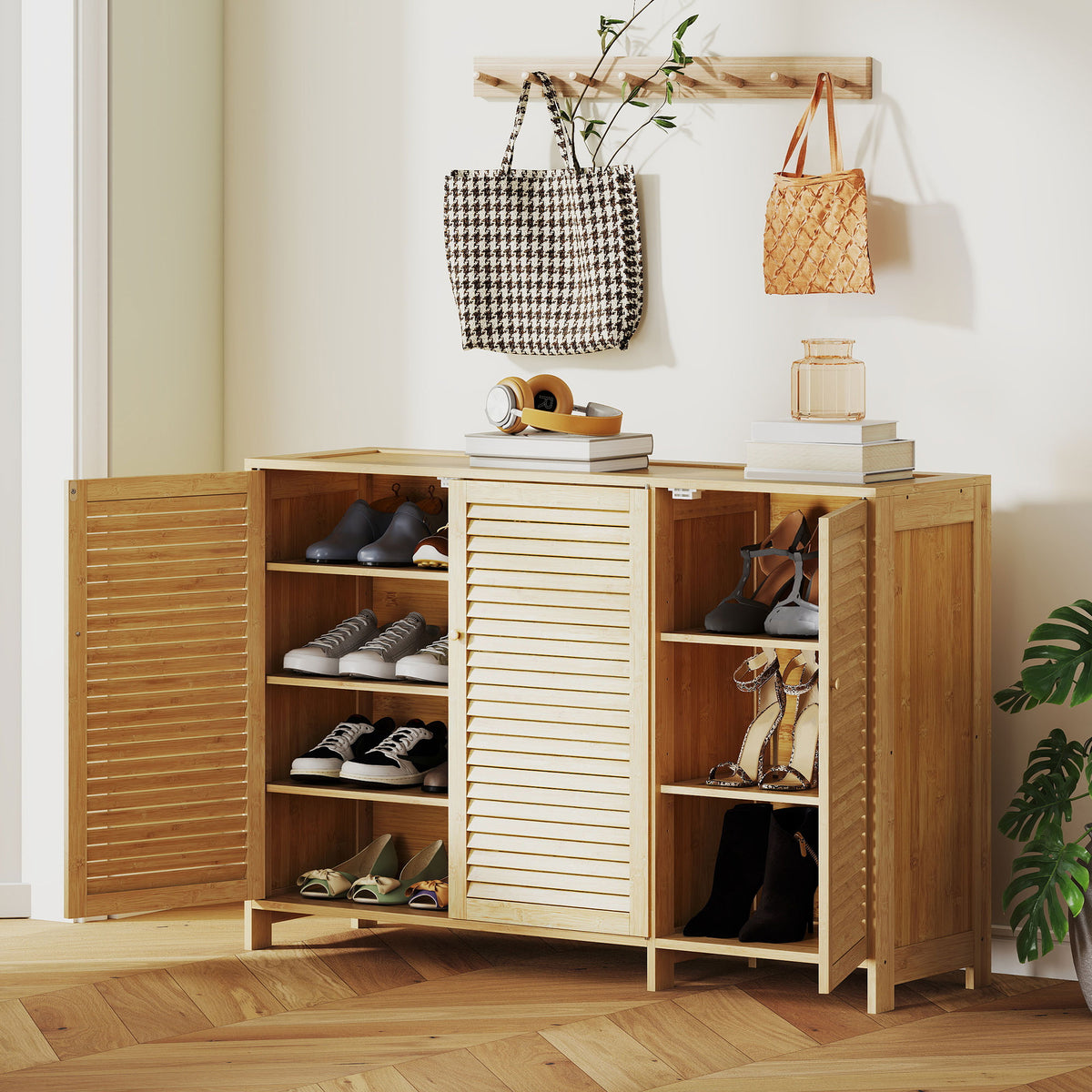 HOMCOM Bamboo Shoe Cabinet With Louvered Doors Pairs Shoe Storage Cabinet