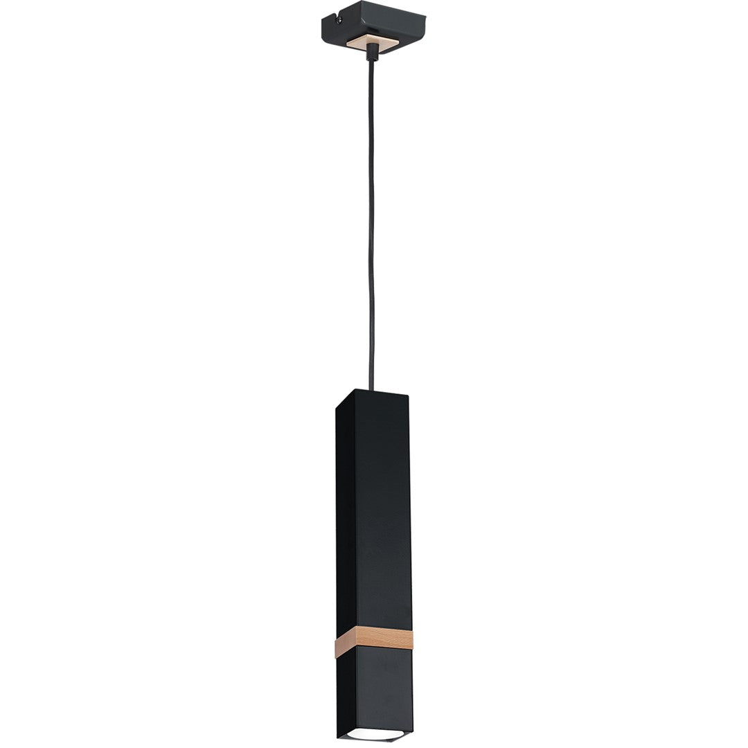 Vidar Black Pendant Lamp 1xgu10 Hand Made Modernist Cuboid Design With Natural Wooden Insert