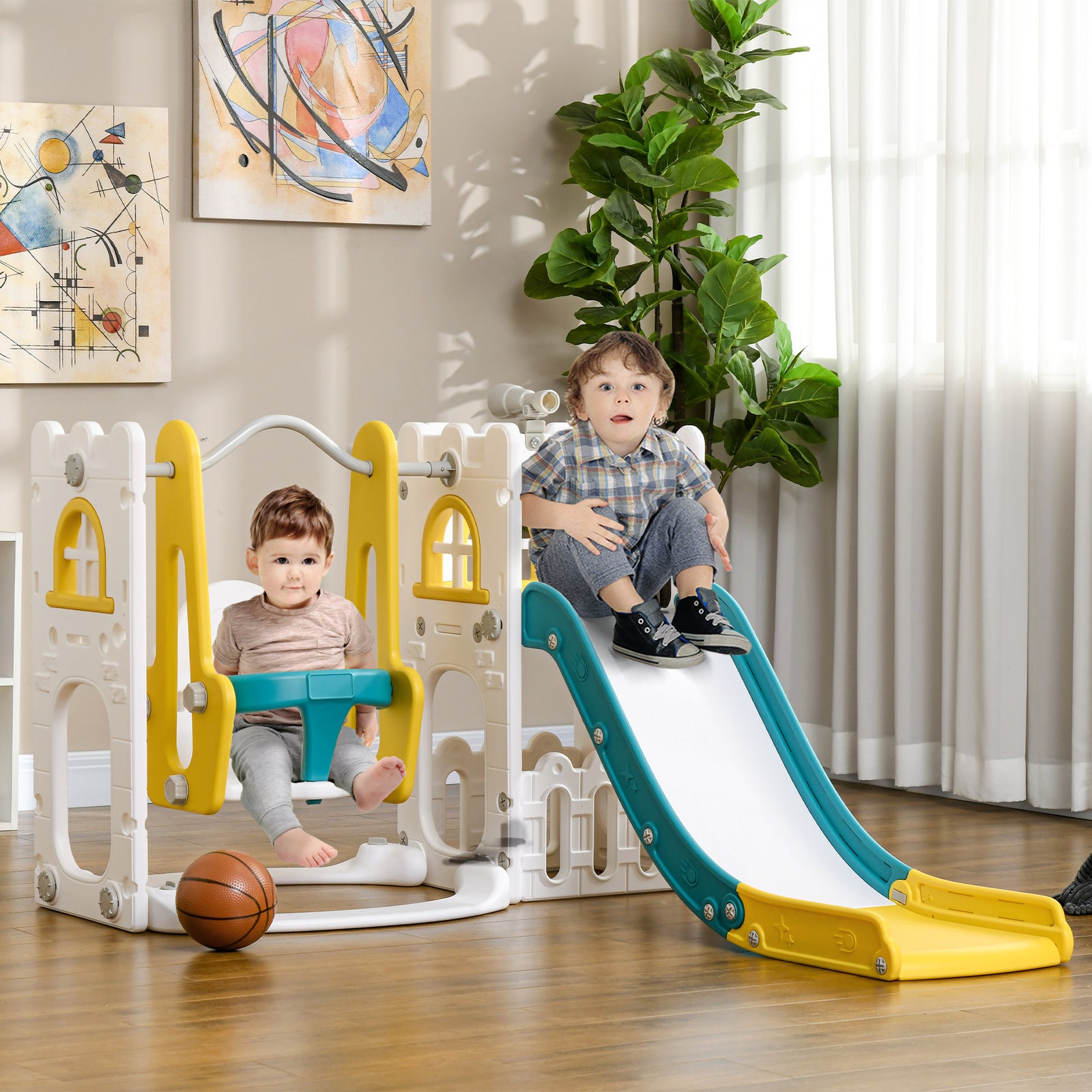 6-in-1 Toddler Climber And Set W/ Basketball Hoop, Telescope Yellow