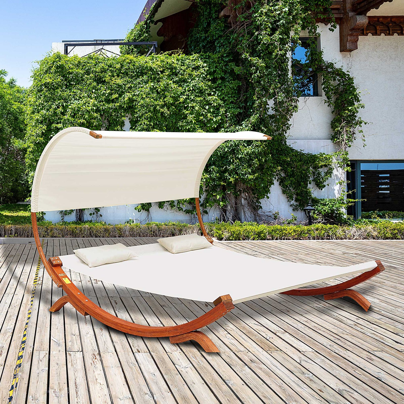 Outsunny Double Sun Lounger Hammock Chaise Bed With Canopy Wooden