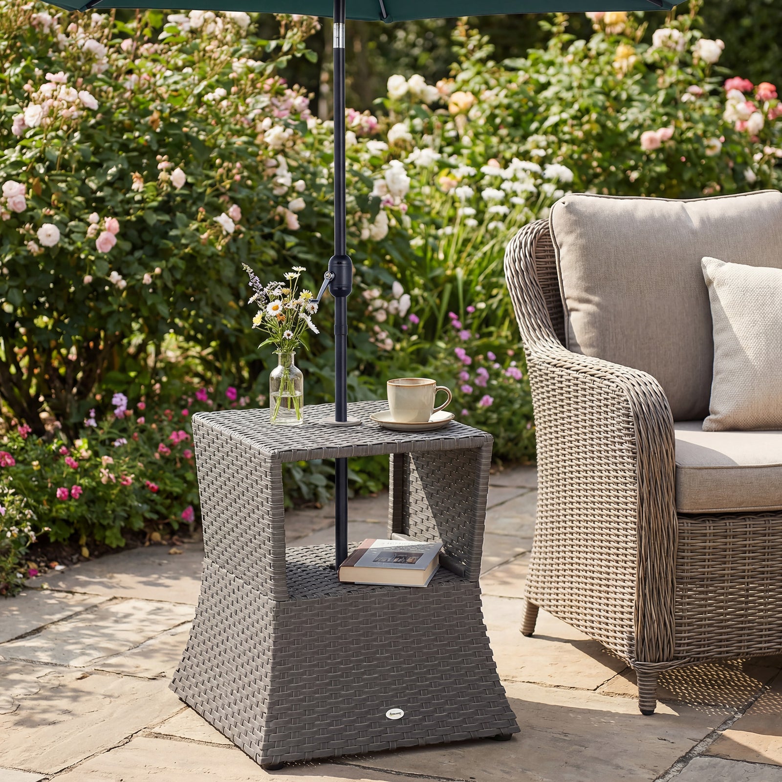 Rattan Wicker Tea Coffee Table W/ Umbrella Hole | Dark Grey