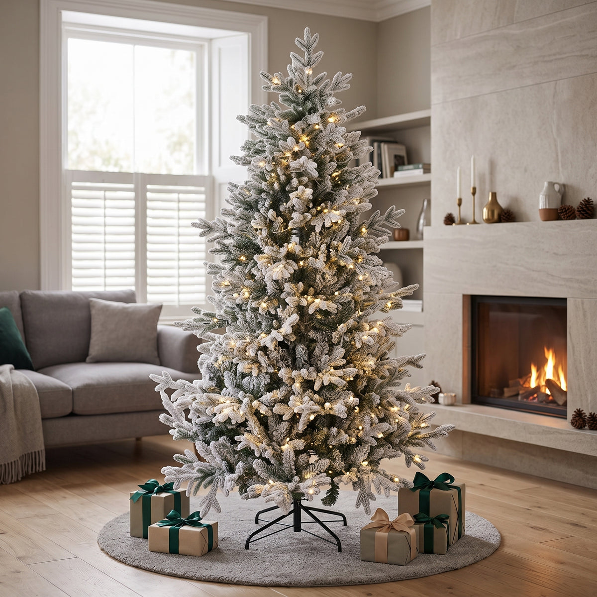 Breeins 180cm Pre-lit Artificial Flocked Christmas Tree With Metal Stand