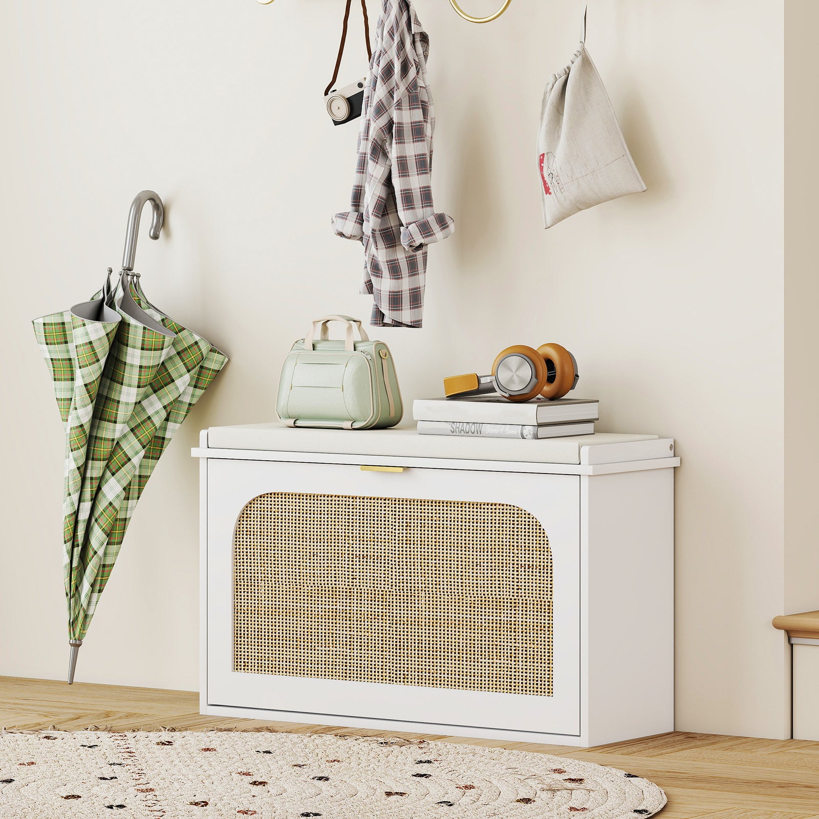 Boho Shoe Bench With Padded Seat And Flip-drawer | White