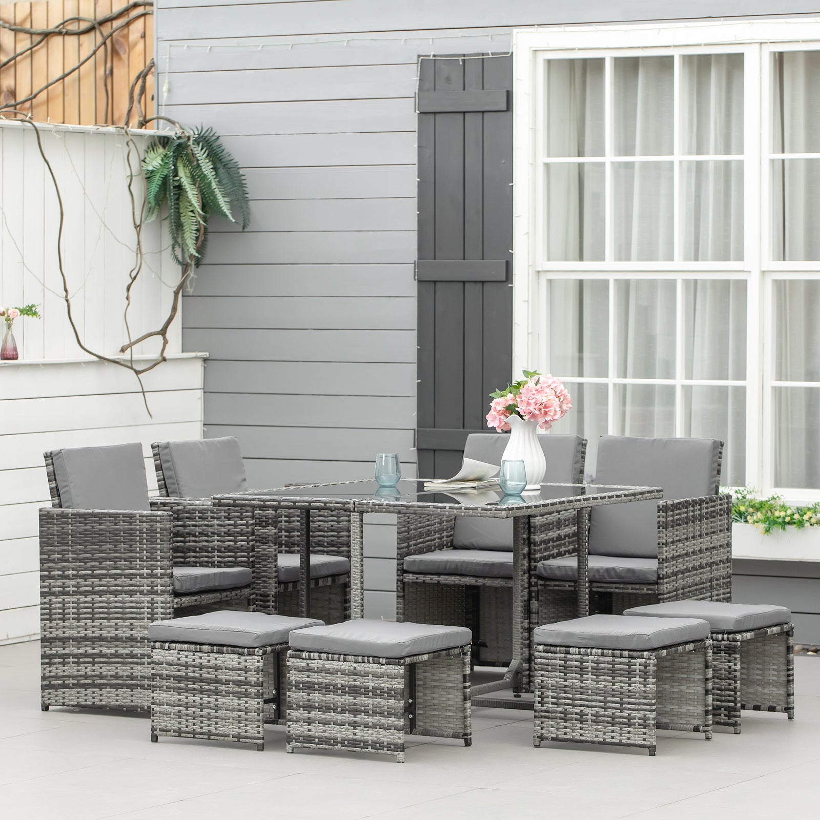 Rattan Garden Furniture Patio Dining Table Set W/ 8 Stools | Gray
