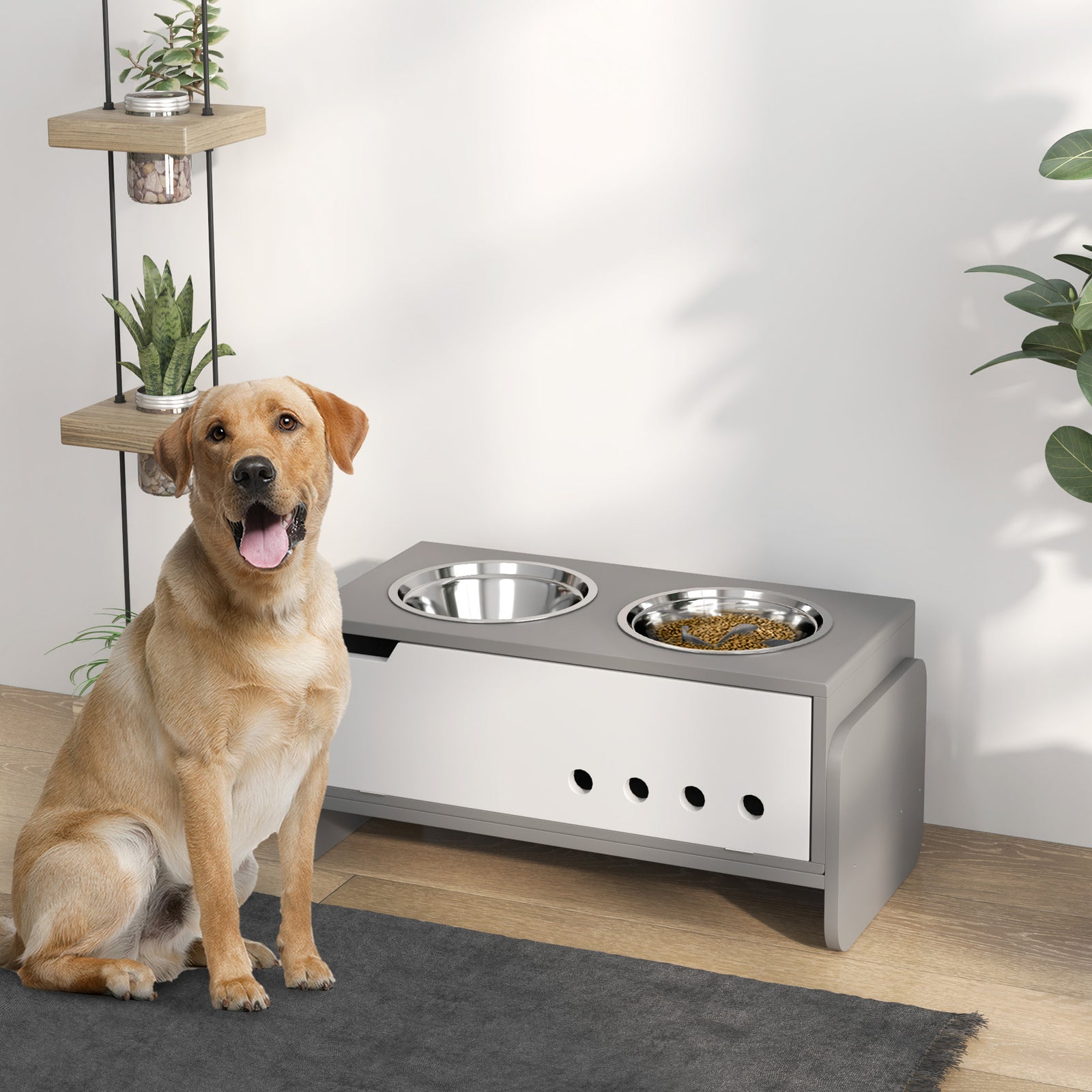 Height Adjustable Dog Feeding Storage W/ 2 Stainless Steel Bowls