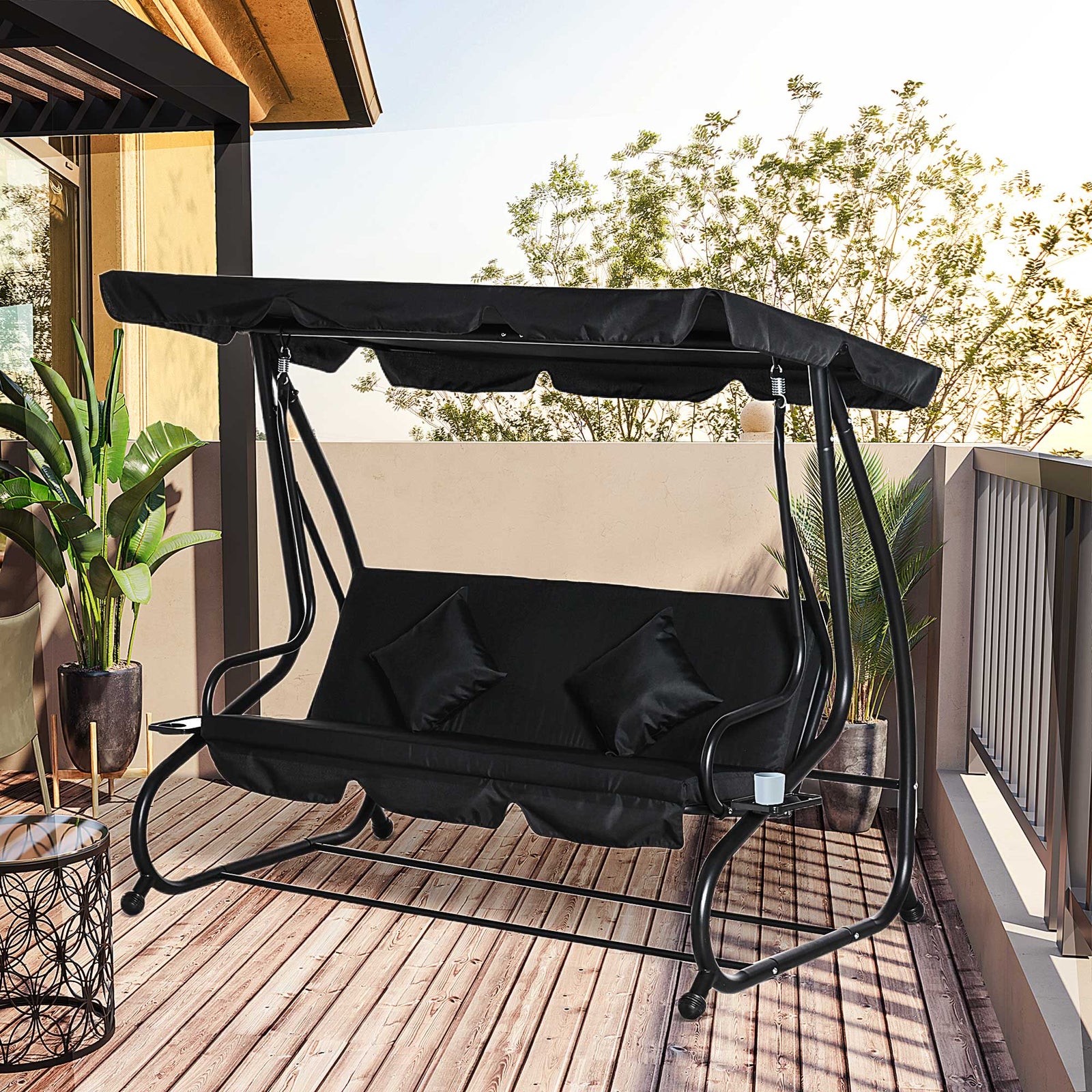 2-in-1 Garden Swing Chair For 3 Person W/ Adjustable Canopy | Black