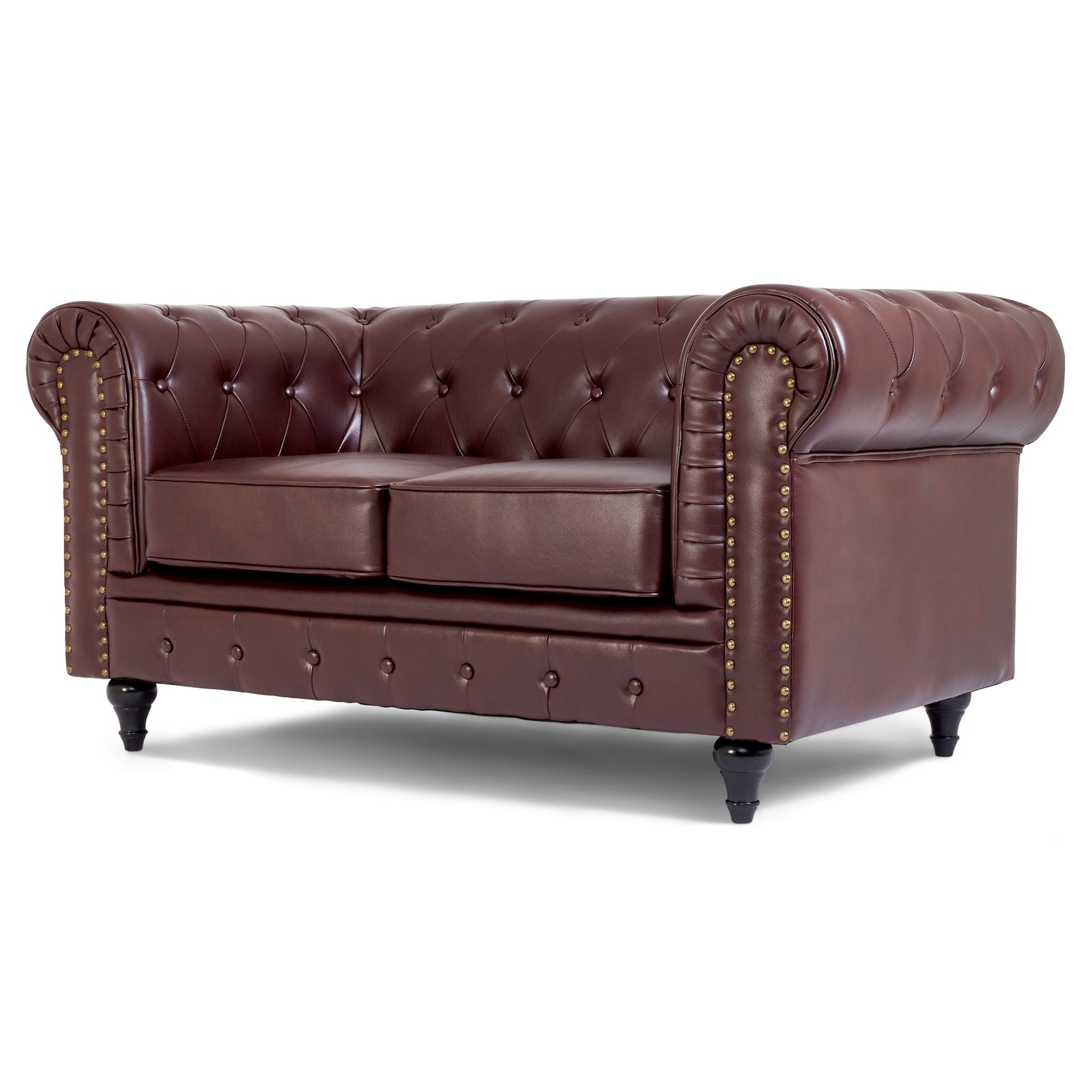 Button Tufted Faux Leather Living Room Sofa - 2 Seater | Brown