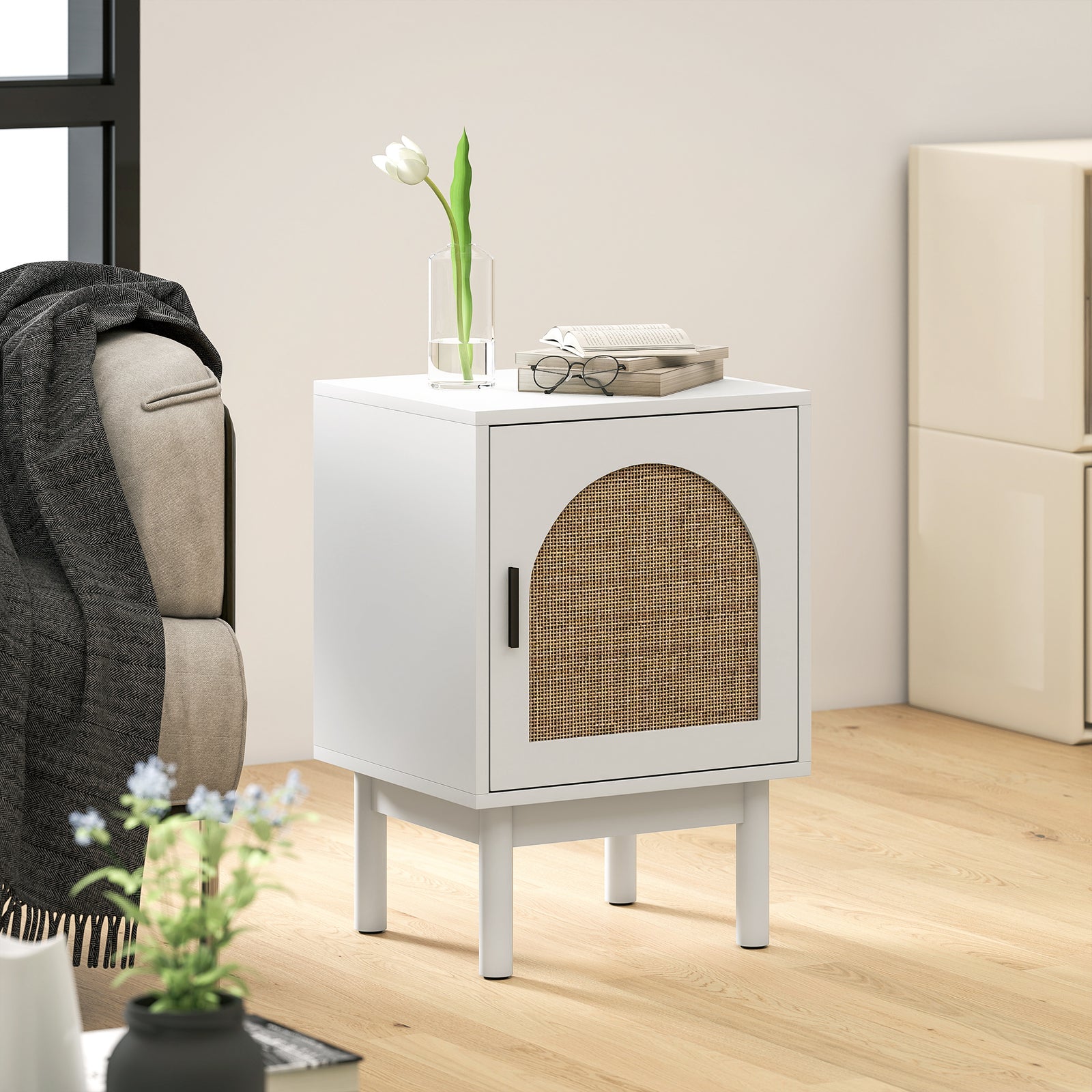 Boho Bedside Table With Rattan Door And Adjustable Shelf | White