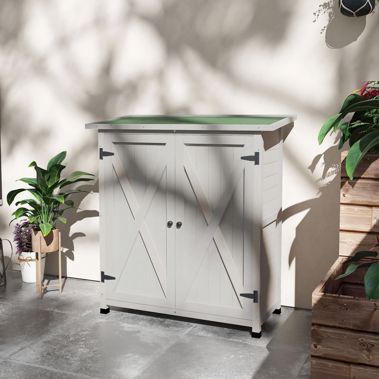 Wood Garden Storage Shed Tool Cabinet Organizer W/ Shelves