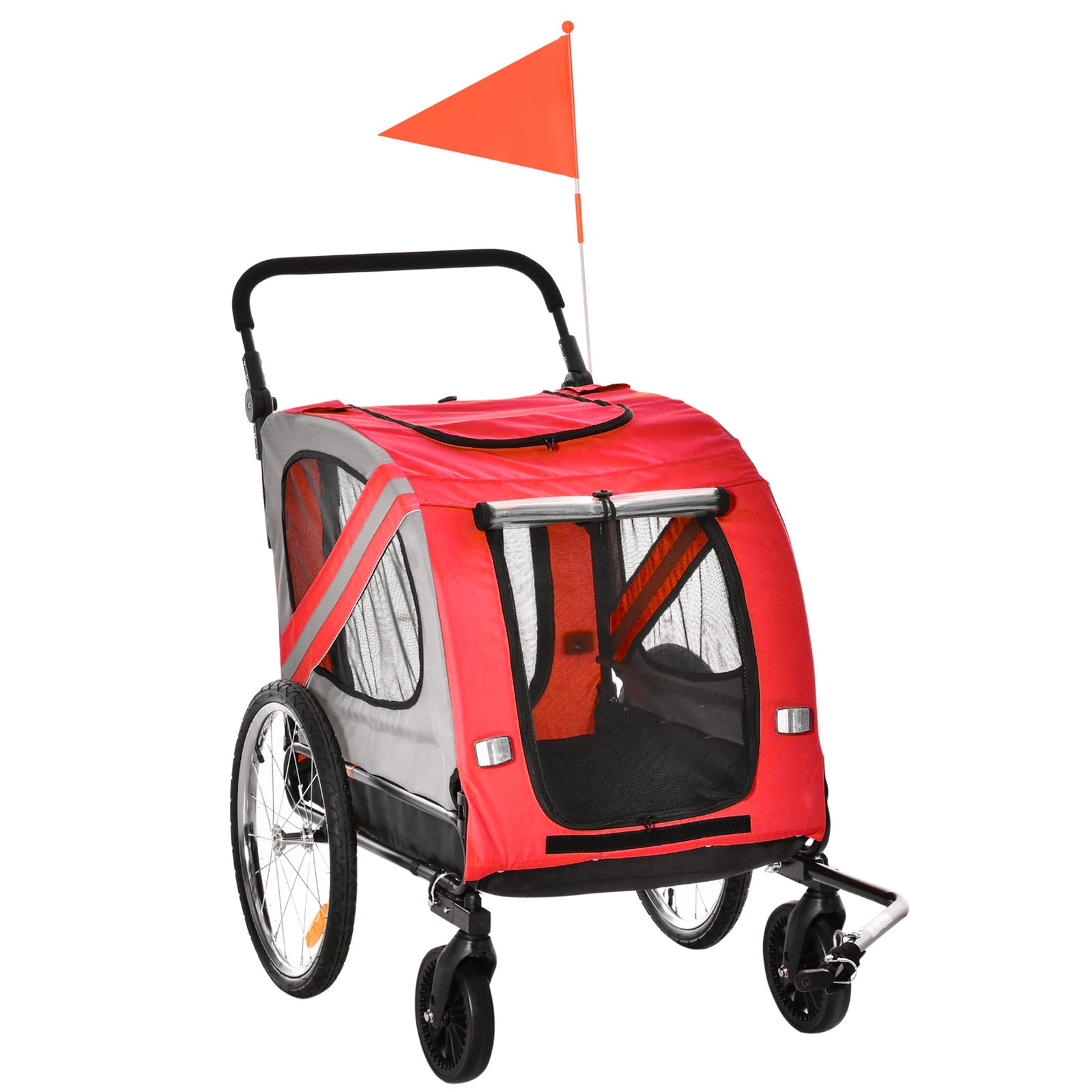 Pawhut 2-in-1 Dog Bike Trailer Stroller W/ Universal Wheel Reflector Flag | Red