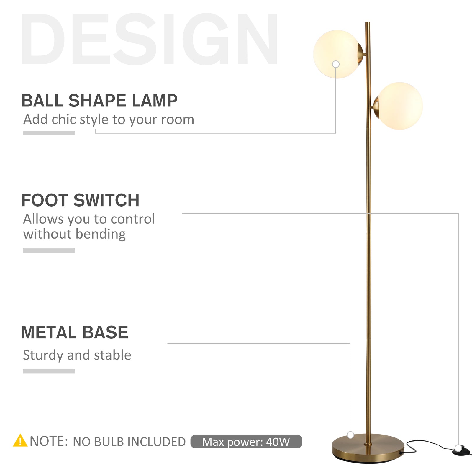 2 Glass Shade Floor Lamp Metal Pole Modern Decorative