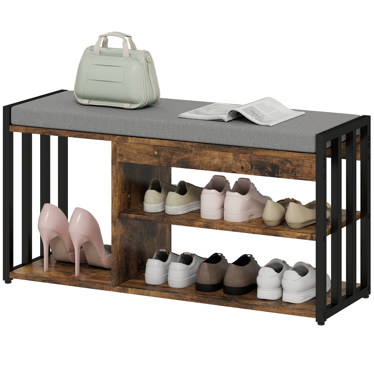 HOMCOM Upholstered Entryway Shoe Bench With Storage Shelves, Rustic Brown