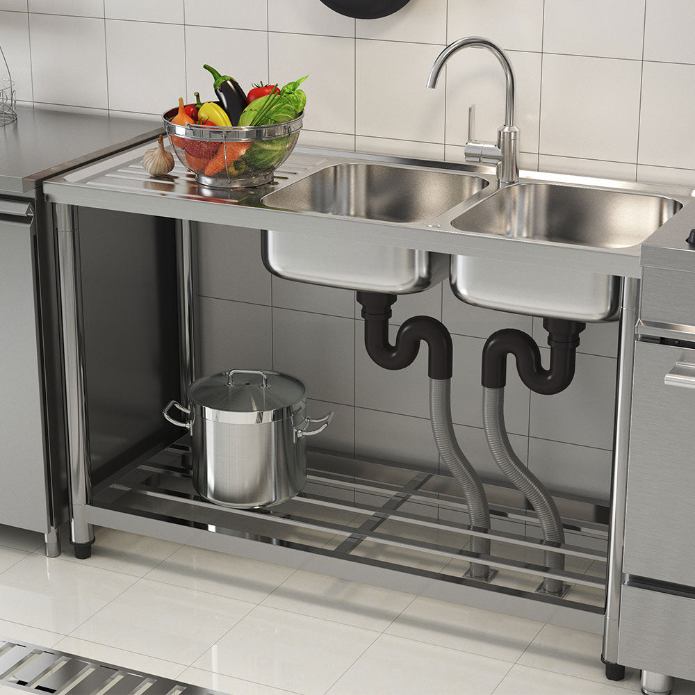 120cm W X 50cm D X 80cm H Stainless Steel 2 Compartments Commercial Sink With Drainboard