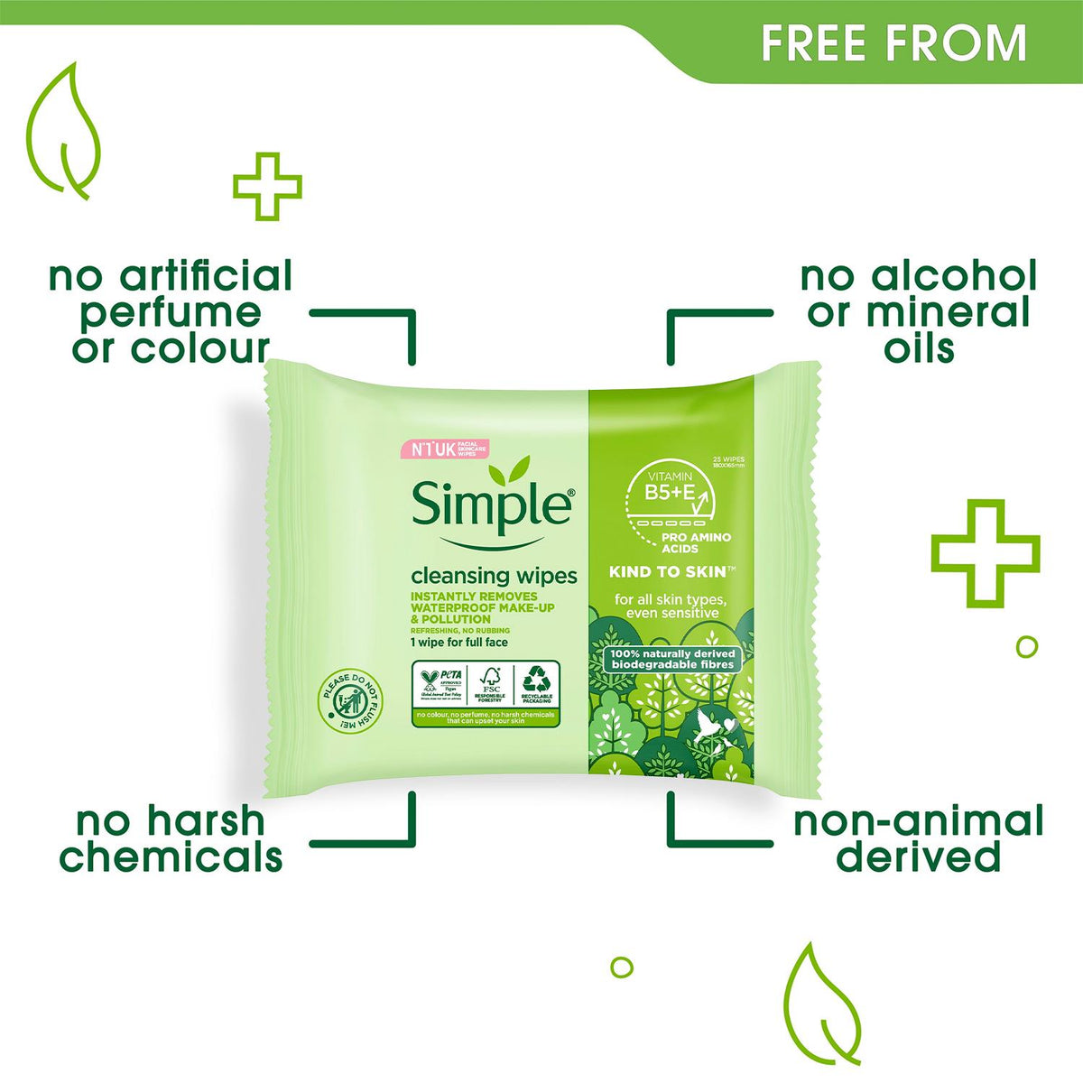 Kind To Skin Double Sided Cleansing Biodegradable Facial Wipes, 25pcs,5pk | Set of 5