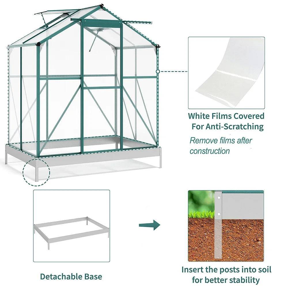 Polycarbonate Greenhouse With Base – Aluminum Frame Walk-in Greenhouse With Sliding Door & Ventilation Window For Plants & Flowers, Green, 6 x 6ft