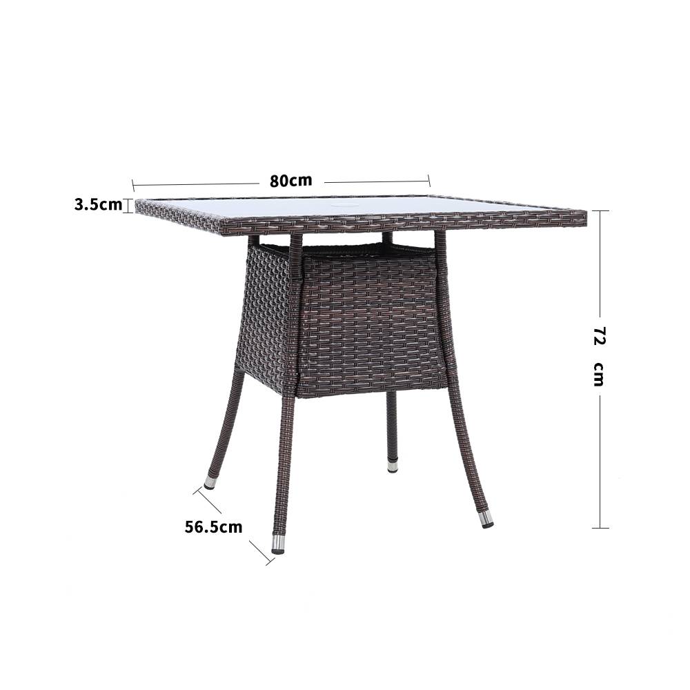 Brown PE Rattan Square Table with 5mm Black Silk-Printed Tempered Glass Top - 80cm X 72cm H