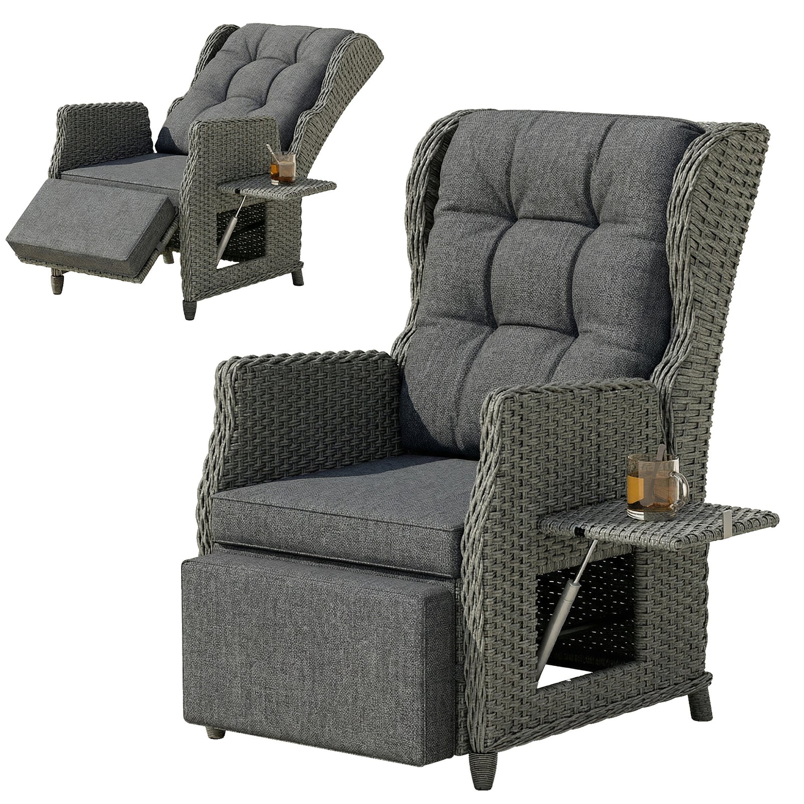 Rattan Garden Recliner Chair With Flip Table | Dark Grey