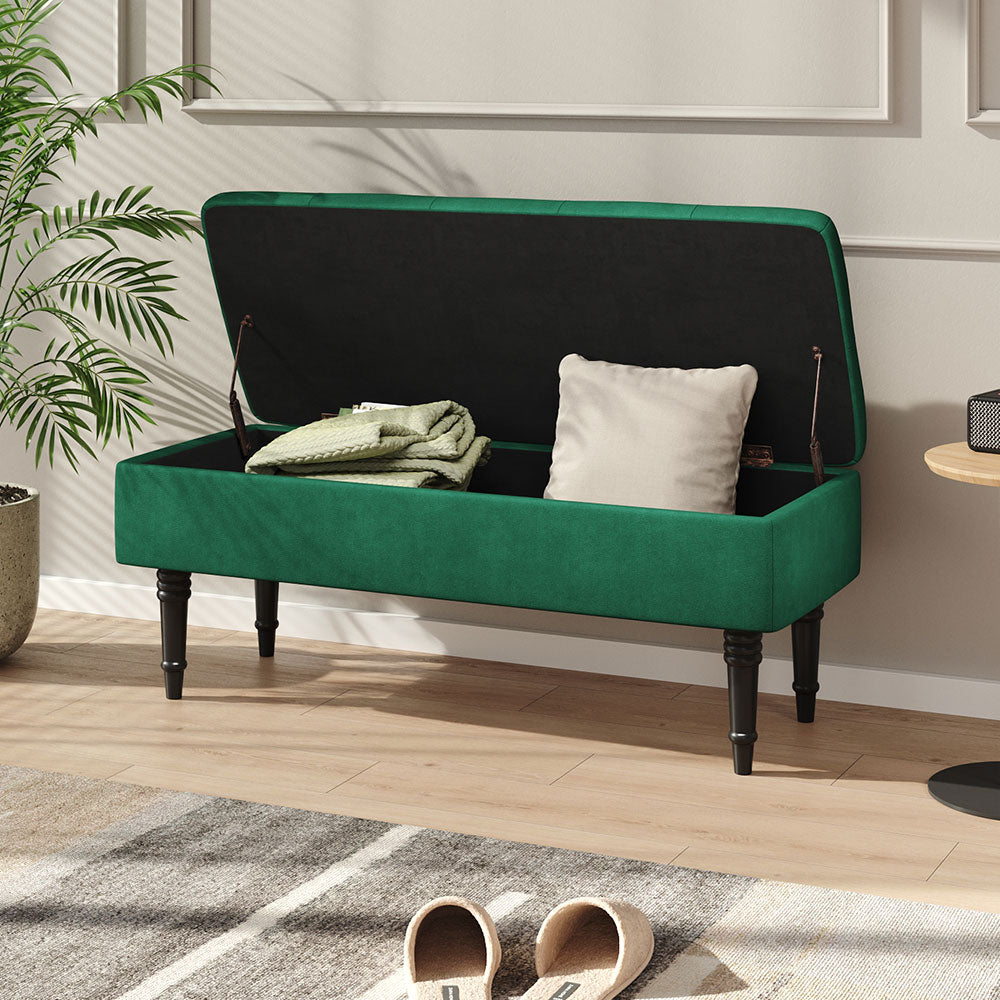 Velvet Upholstered Storage Bench With Button-tufted Seat And Rubberwood Legs | Green