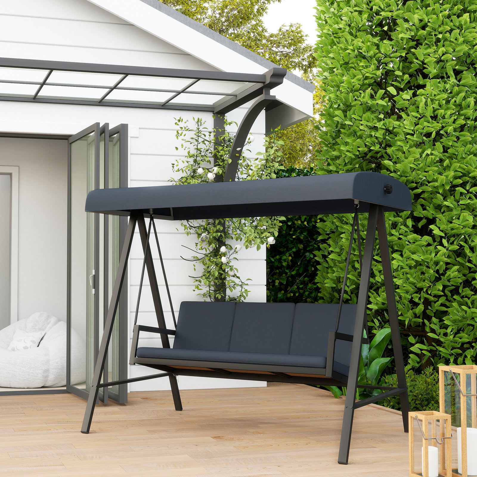 3 Seater Garden Swing Chair W/ Adjustable Canopy And Cushion