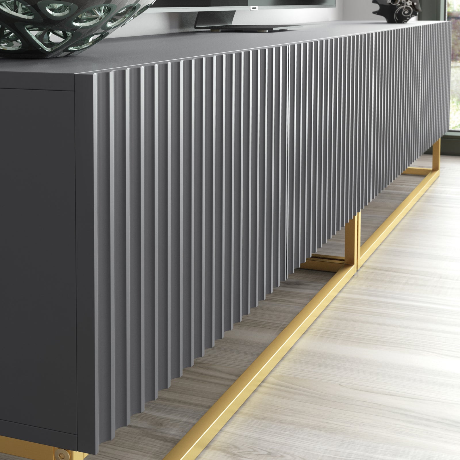 Ripple Duo Tv Unit 200cm - Fluted Design | Dark Grey