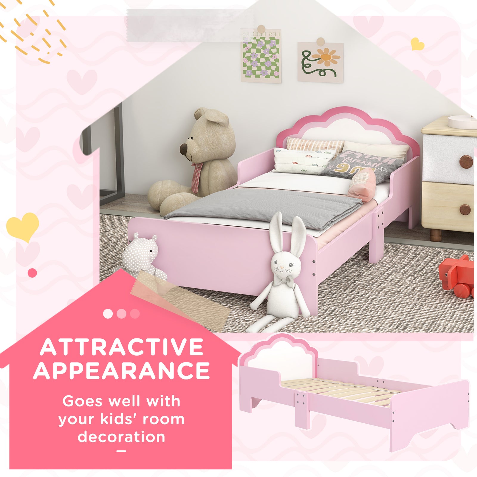 Toddler Bed Frame, Cloud-design Princess Bed, 143 X 74 X 55cm - Pink | Pink