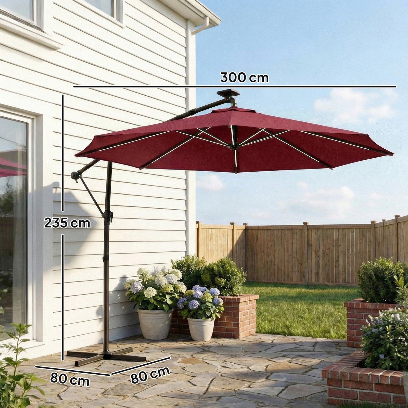 3 M Garden Cantilever Parasol With Solar Light, Rotation | Red