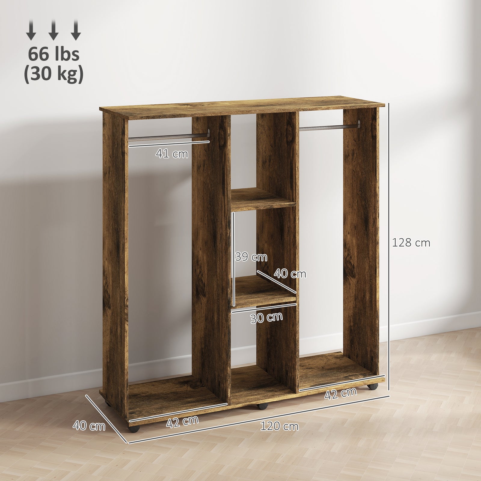Mobile Double Open Wardrobe W/ Clothes Hanging Rail | Brown
