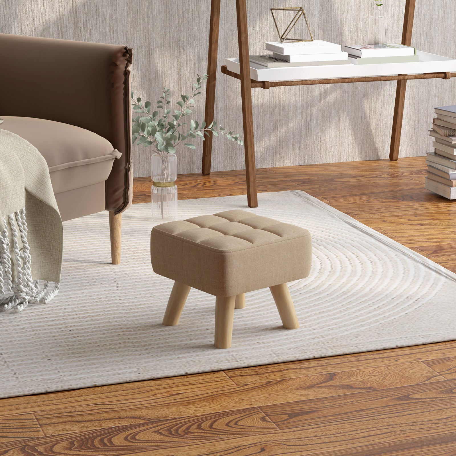 Modern Footstool, Fabric Foot Rest With Rubber Wood Legs | Brown