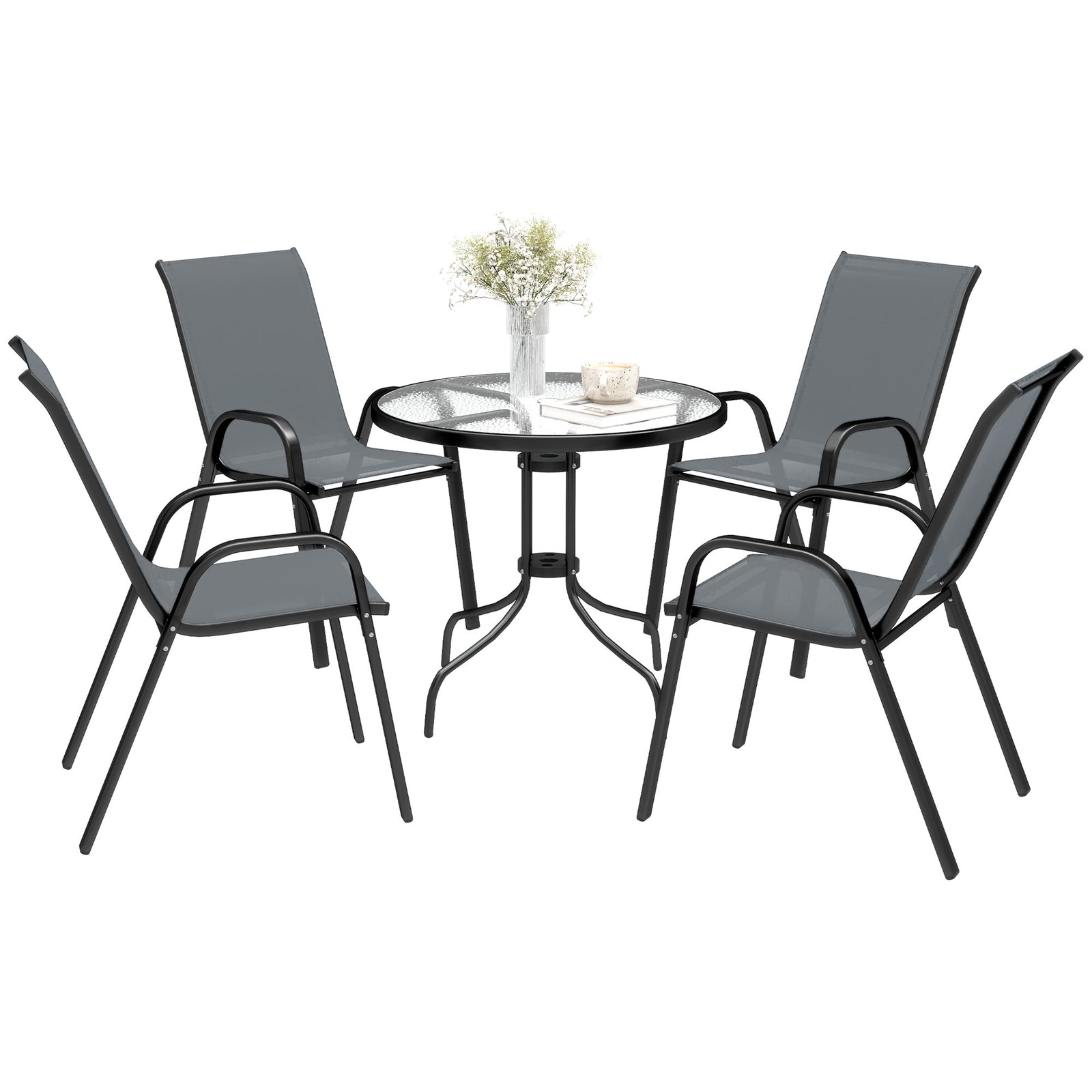 5 Pcs Garden Furniture Set, Round Table And Stackable Chairs | Dark Gray