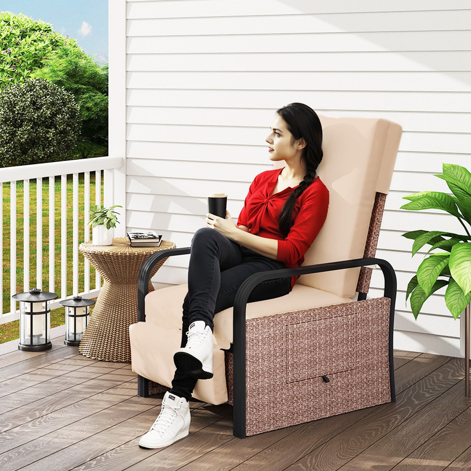 Rattan Recliner Chair, Adjustable Backrest & Footrest | Brown