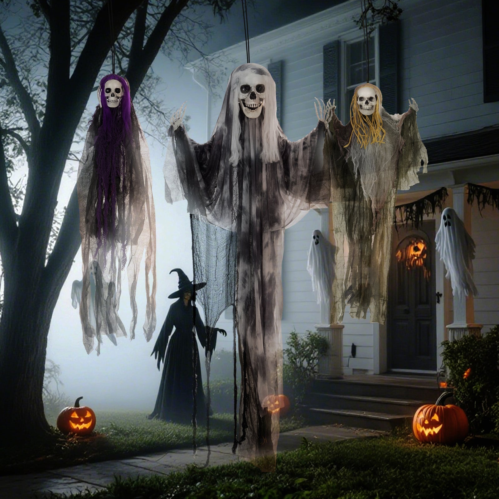Set Of 3 Hanging Skeleton, Flying Ghost Halloween Decorations