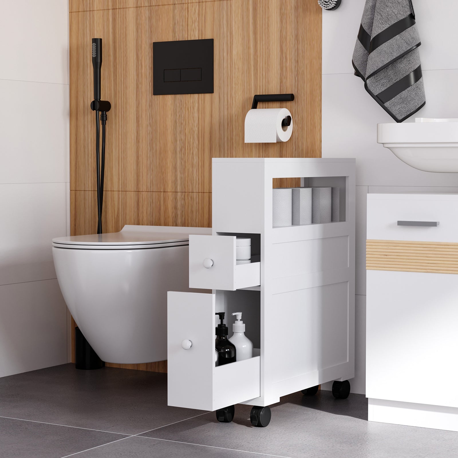 Narrow Bathroom Storage Unit 2 Drawers Open Top 4 Wheels