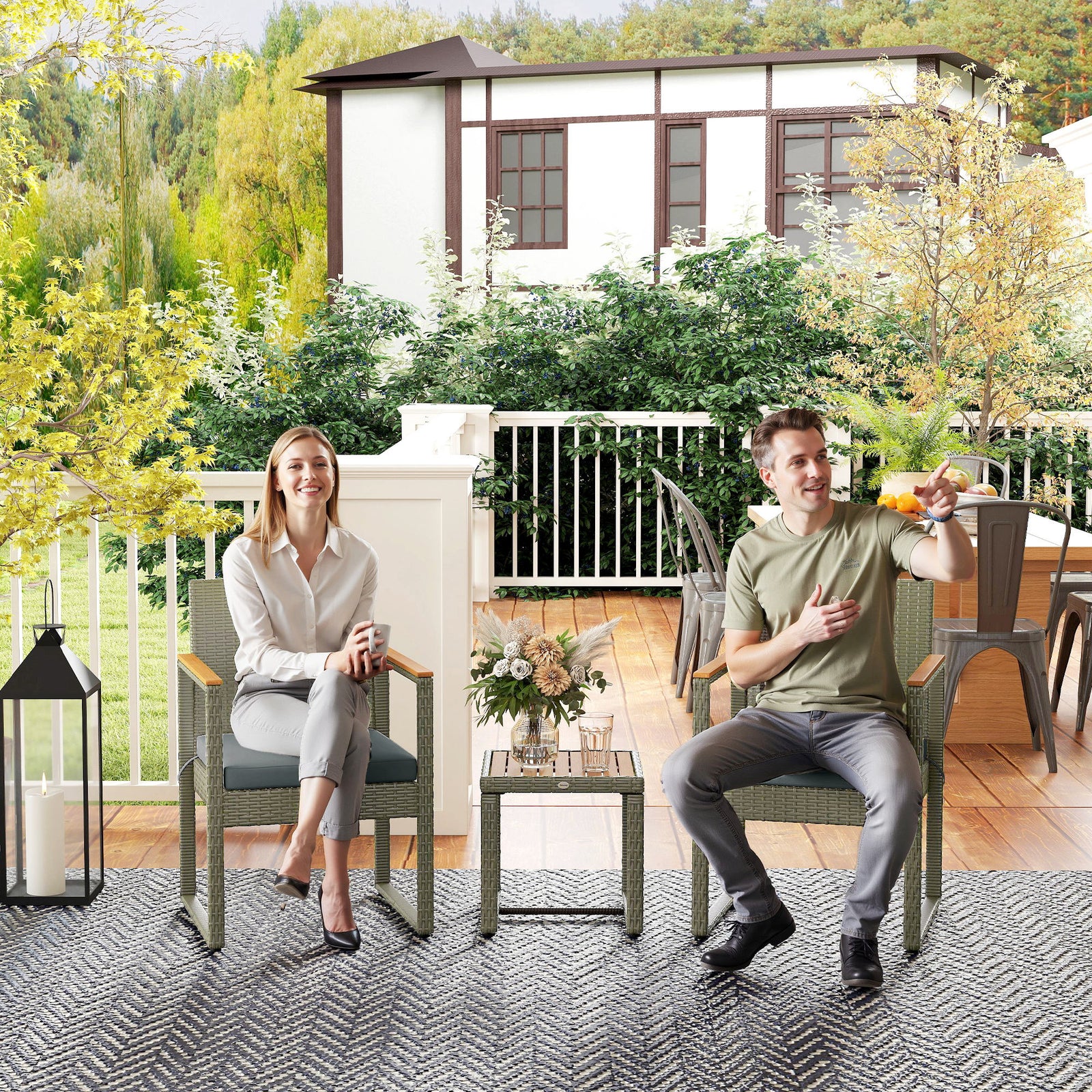 3-piece Rattan Bistro Set With Acacia Wood Table | Grey