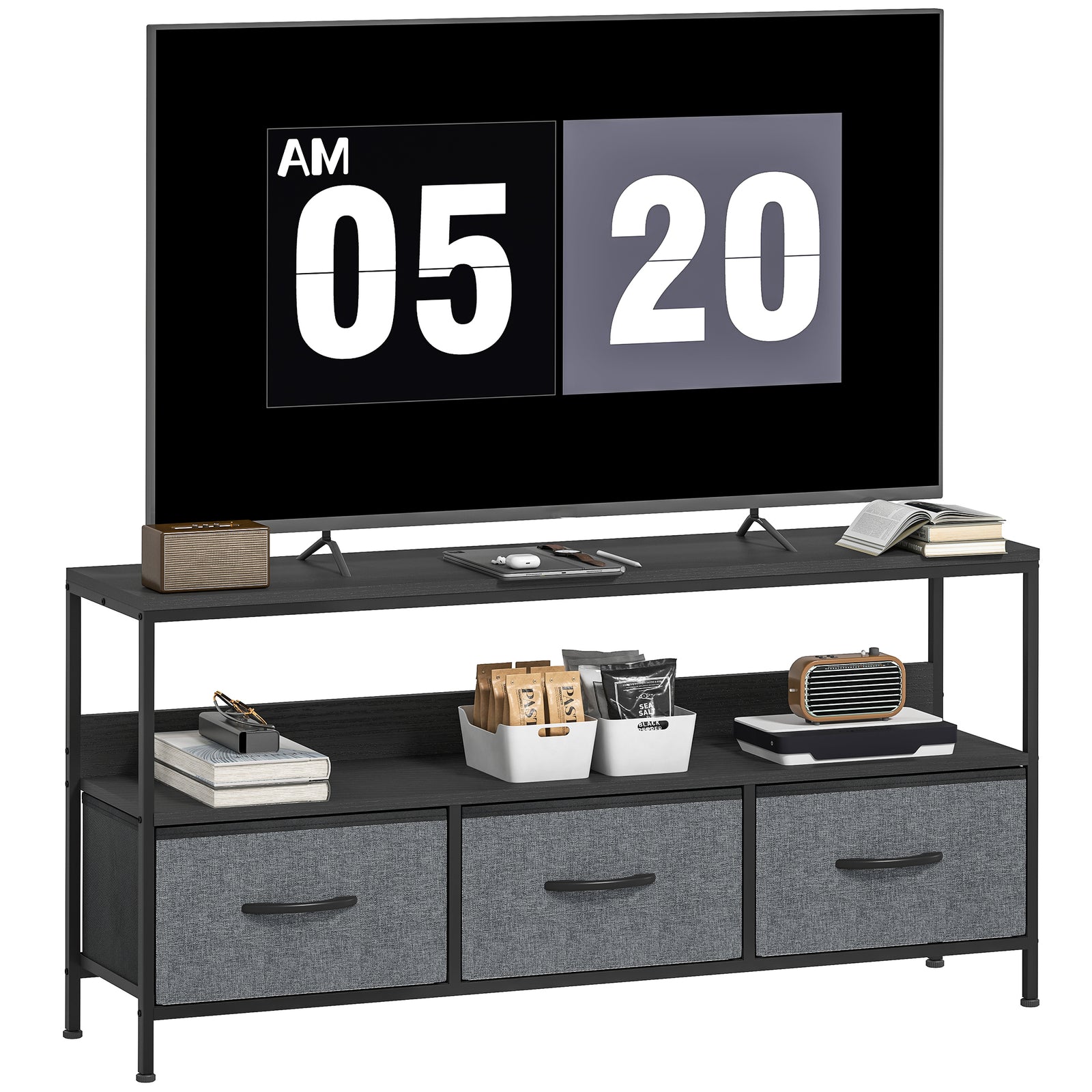Tv Cabinet, Tv Console Unit With 3 Foldable Linen Drawers | Black