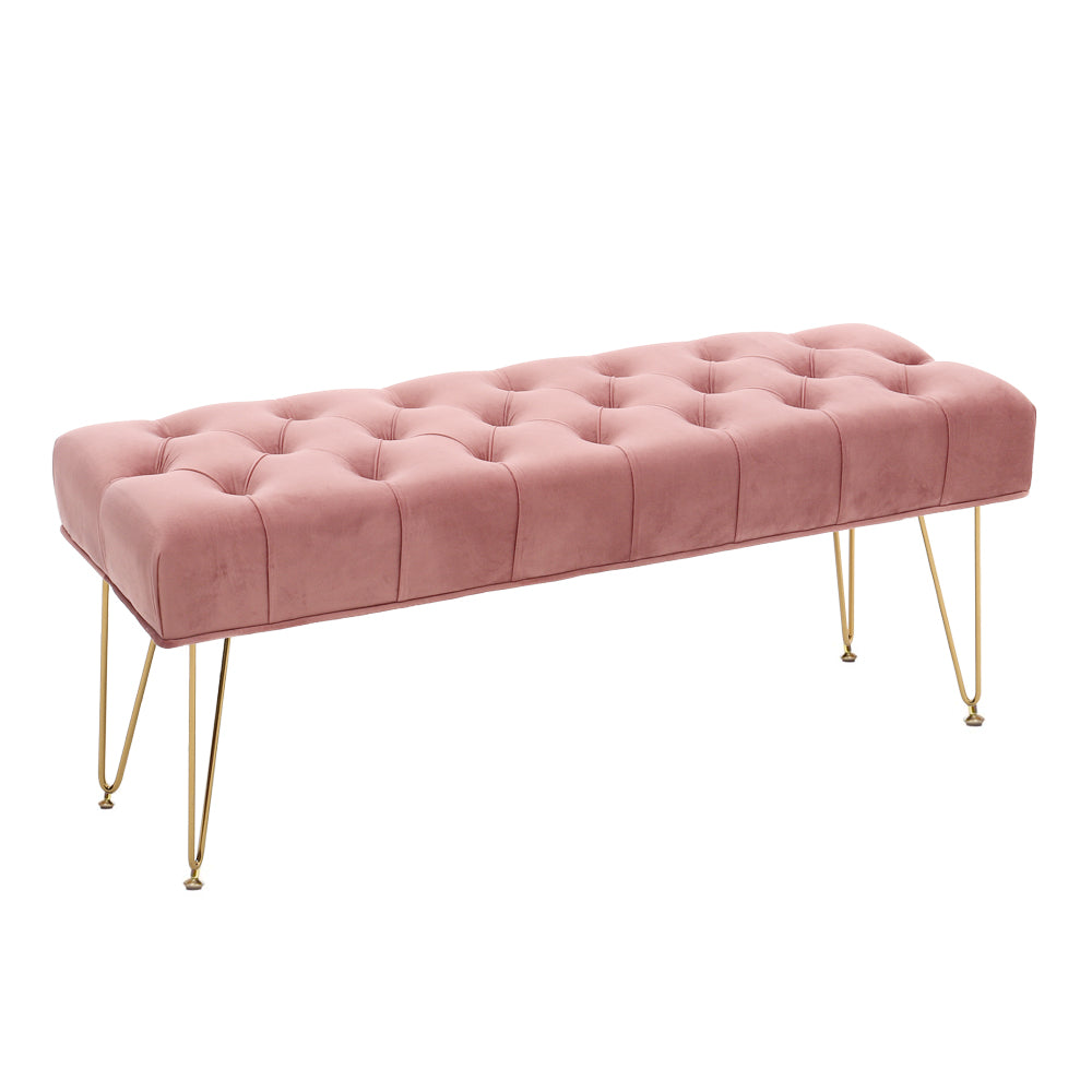 Button Tufted Velvet Upholstered Bench With Gold Hairpin Legs