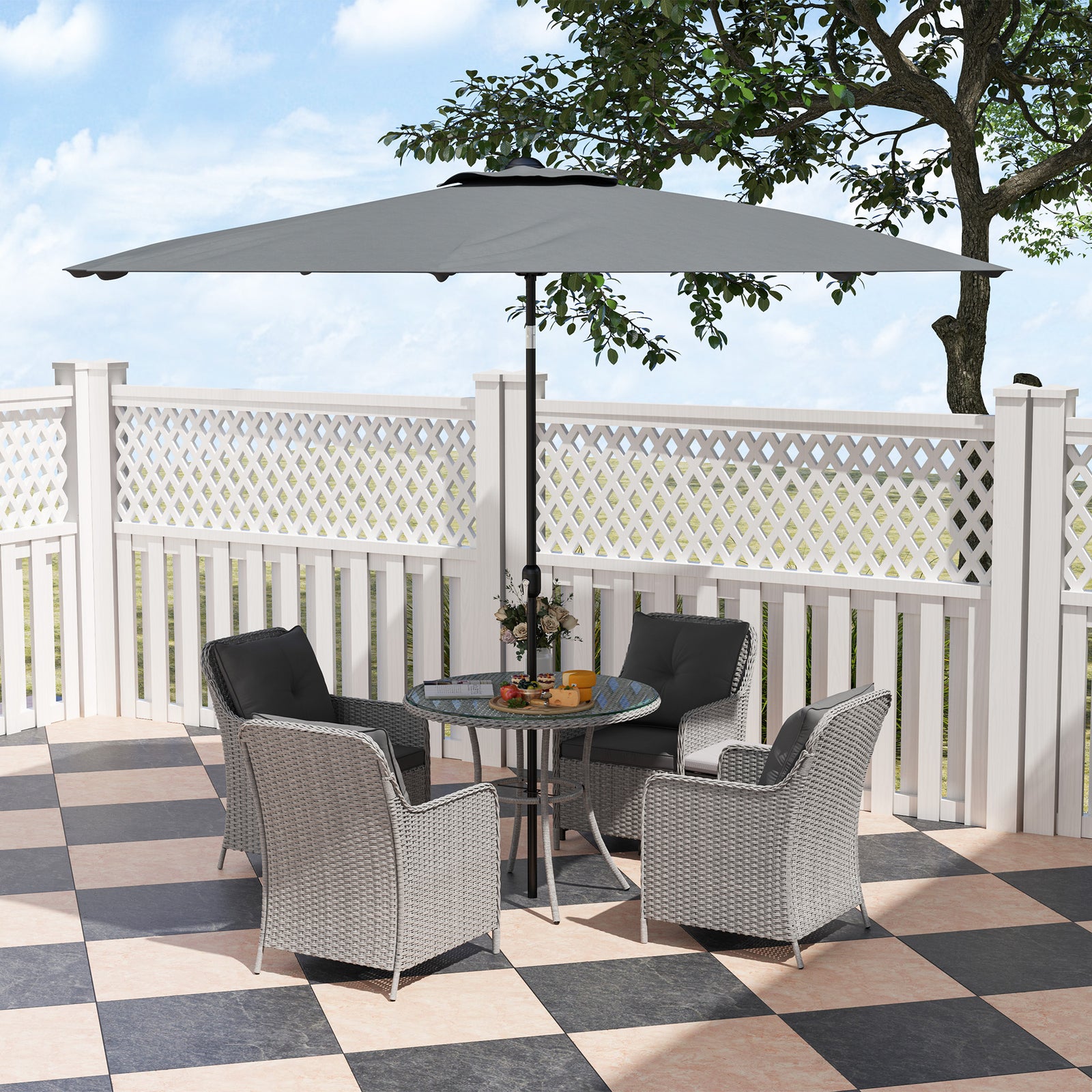 Luxury Rattan Garden Dining Set W/ Parasol, Cushions