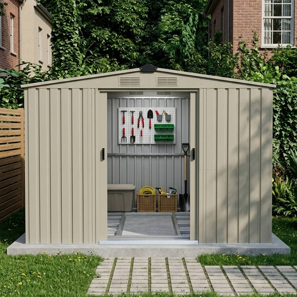 Breeins 12 x 10ft Outdoor Steel Garden Storage Shed with Foundation, Double Sliding Doors, 4 Vents, Large Storage House
