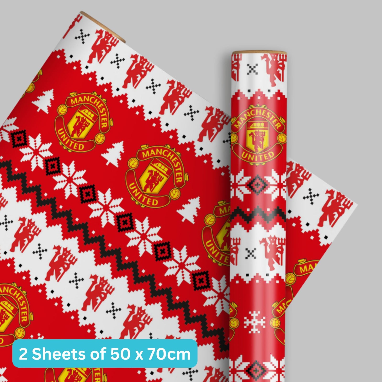 Manchester United FC Christmas Gift Wrap, 2 Sheet 2 Tag, Official Product
