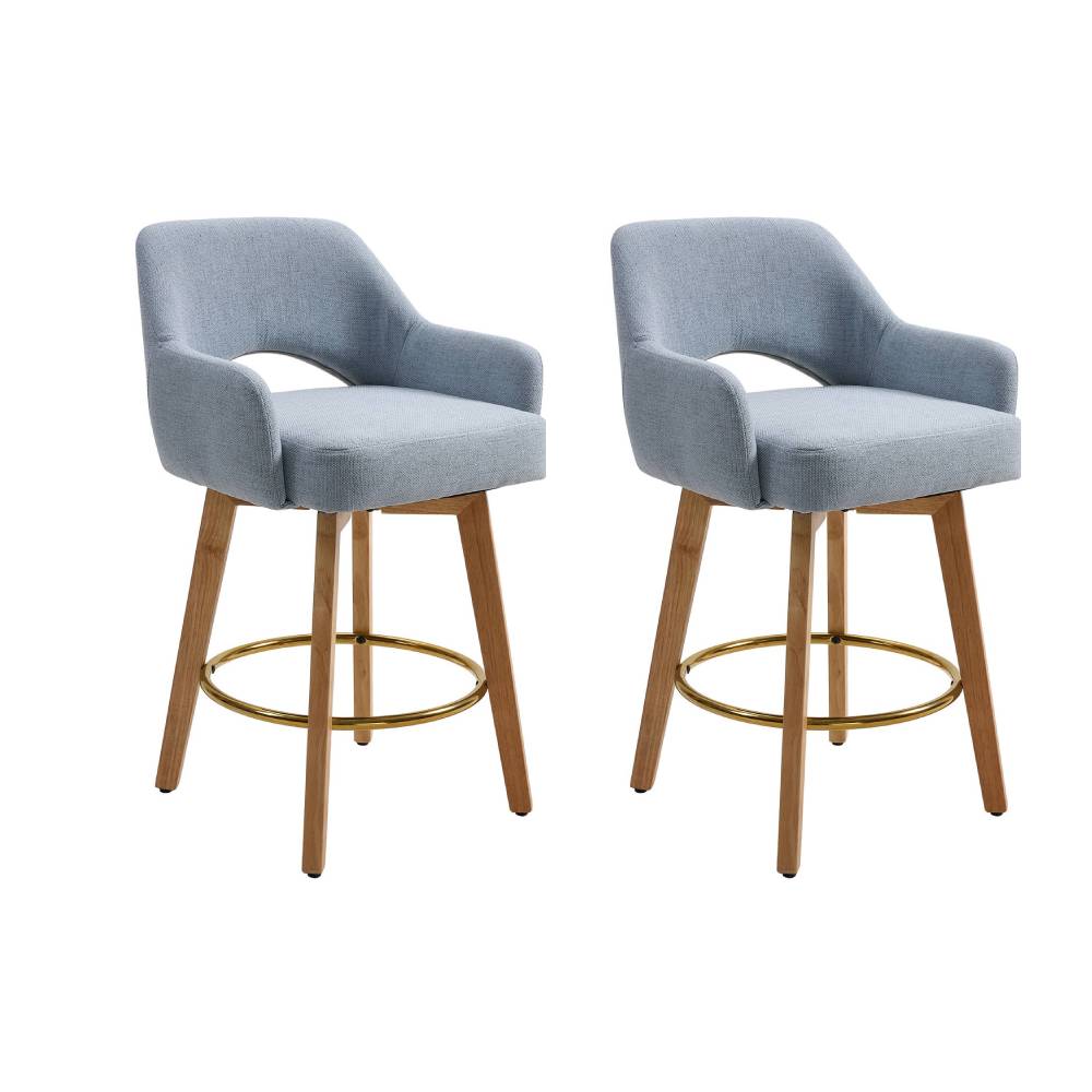 Set Of 2 Swivel Chenille Upholstered Bar Stools With Wooden Legs | Blue