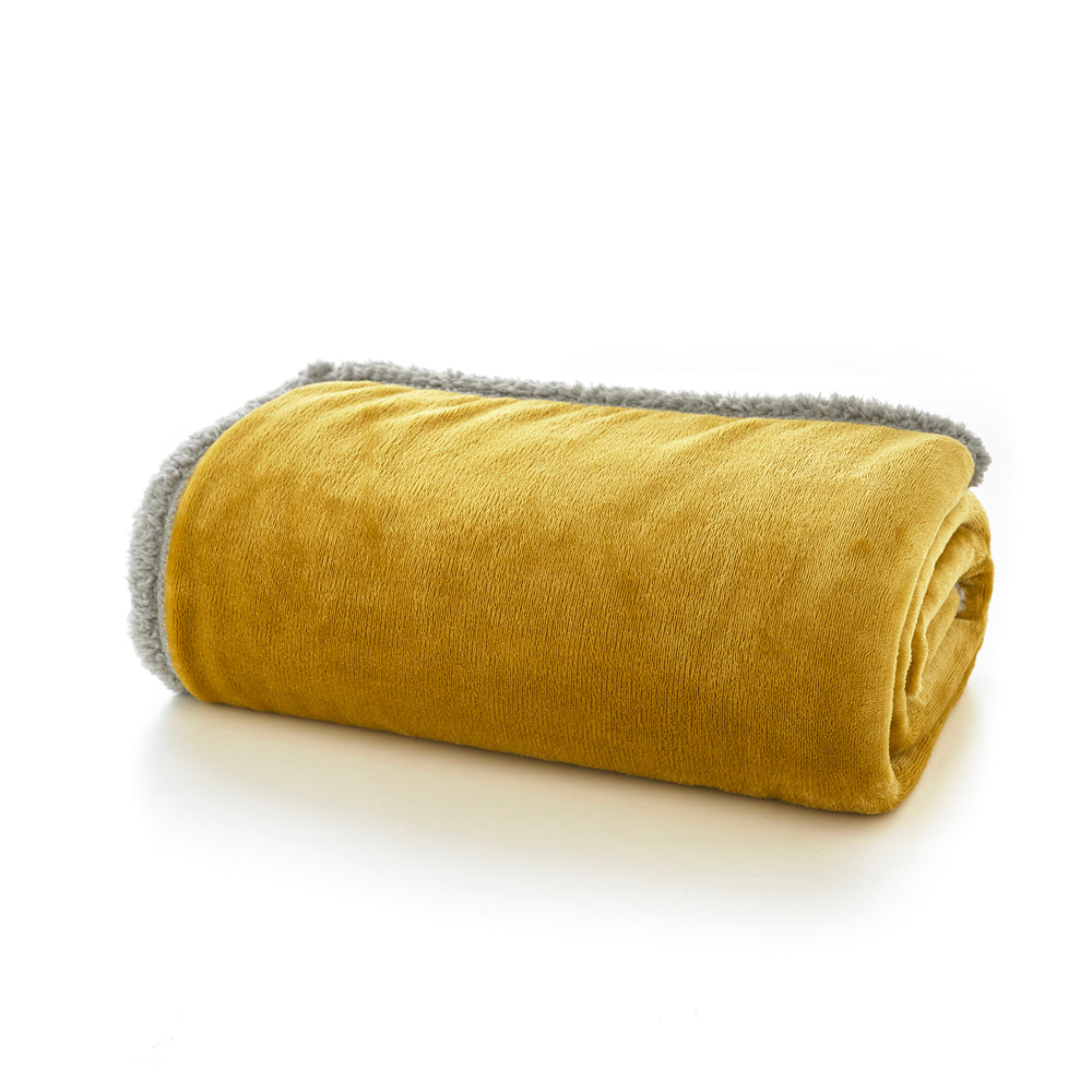 Blackbrook Ultrasoft Flannel Throw With Sherpa Back | 125cm x 150cm | Mustard