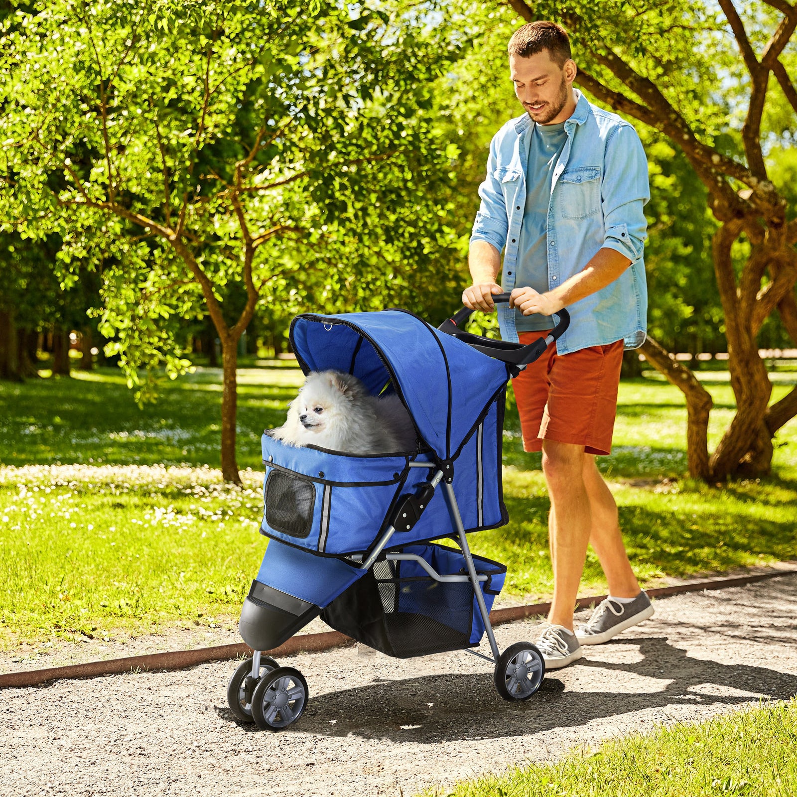 Pet Stroller Pushchair Carrier For Cat Puppy With 3 Wheels | Blue