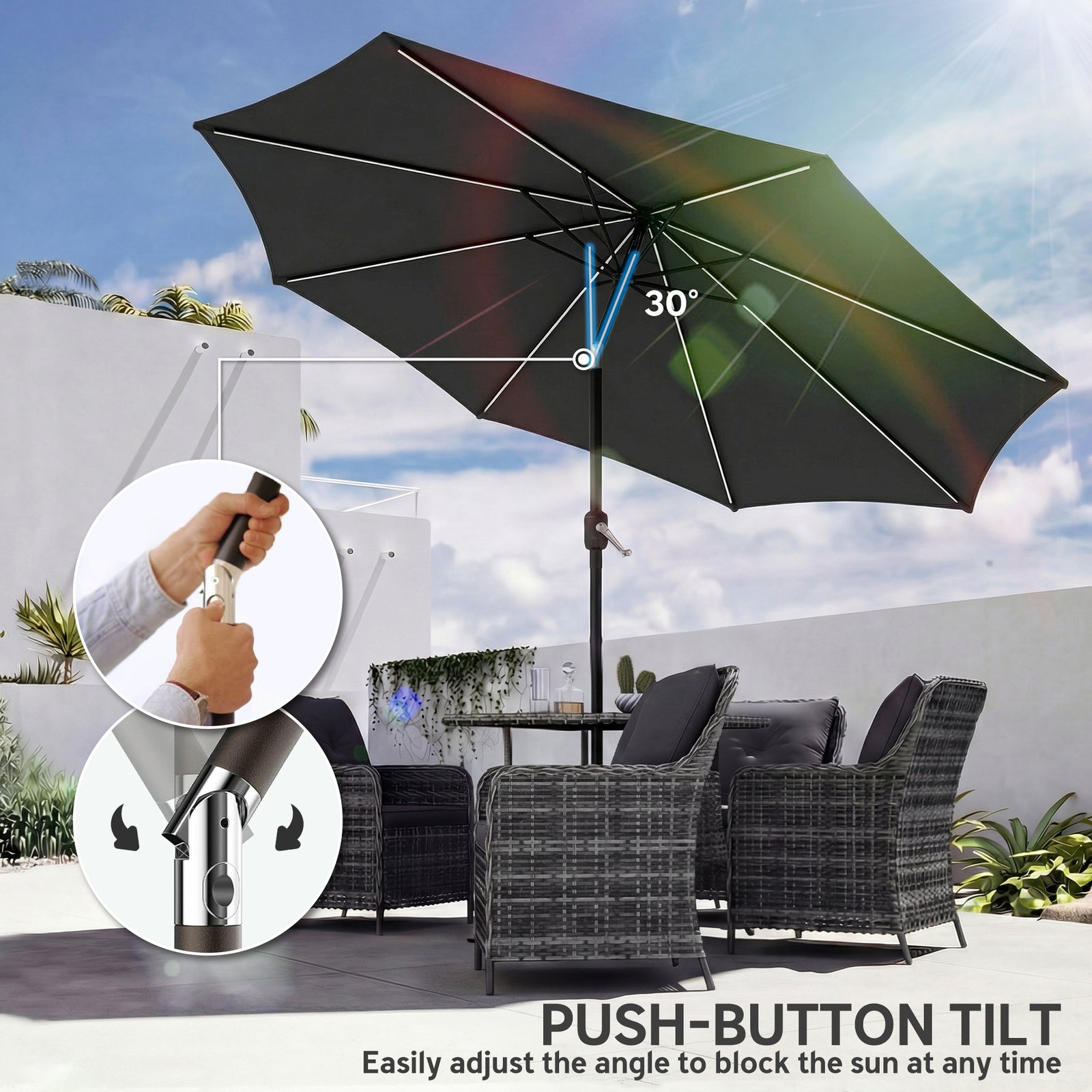 3 M Garden Parasol Umbrella With Led Lights, Patio Umbrella | Black