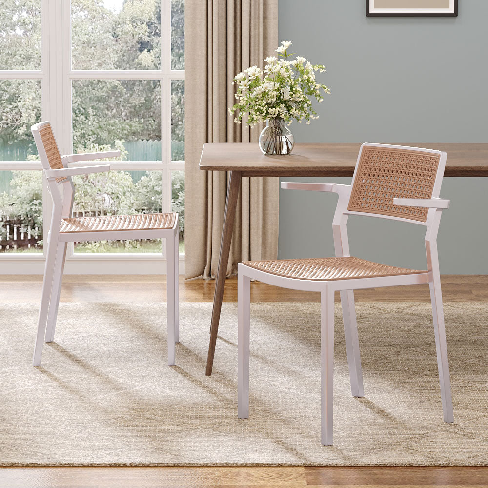 Set Of 4 Pseudo-rattan Pp Dining Chair With Armrest | White