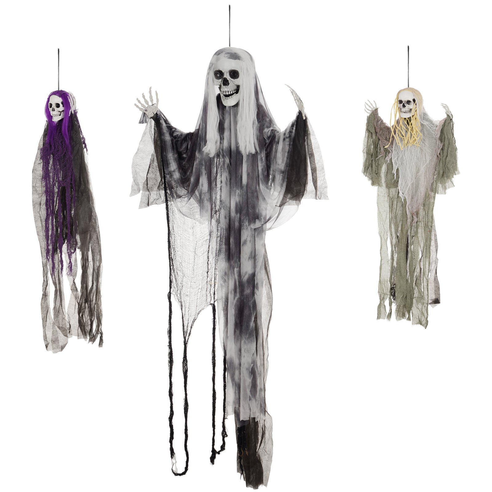 Set Of 3 Hanging Skeleton, Flying Ghost Halloween Decorations
