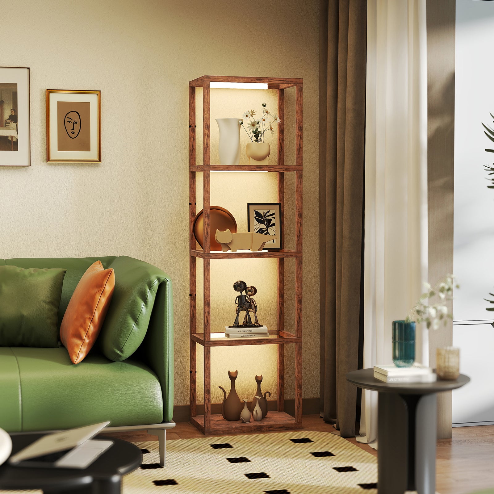 Led Floor Lamp With Glass Shelves, Dimmable Room Lamp | Brown