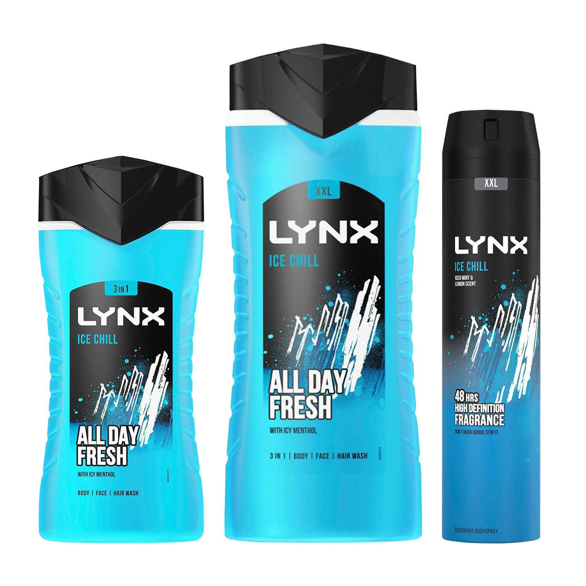 Ice Chill 3pk Bundle Of 250ml Body Spray And 225ml & 500ml Shower Gels